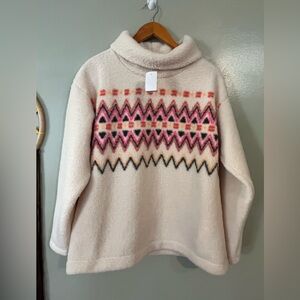 LOFT Off-White Sherpa Crawl Neck Aztec Print Pull Over Sweatshirt S NWT